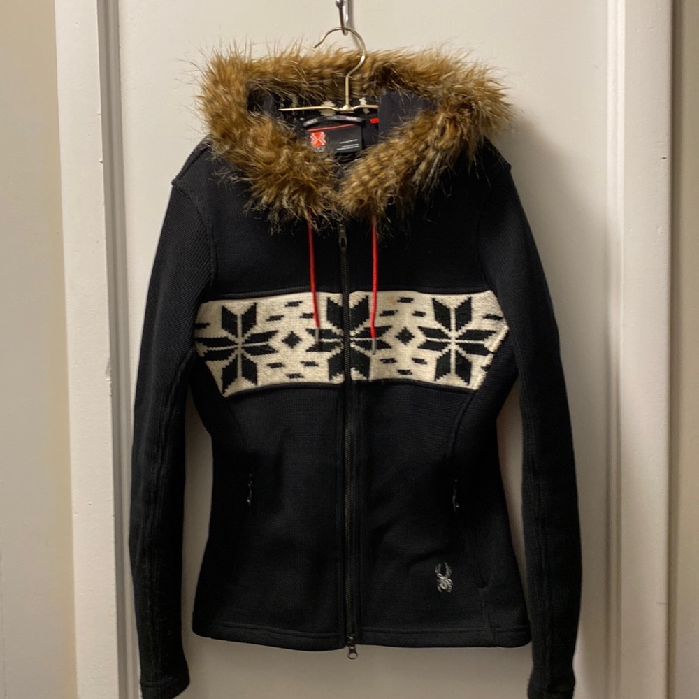 Spider Sweater Black Zip Up Faux Fur Hoodie Medium